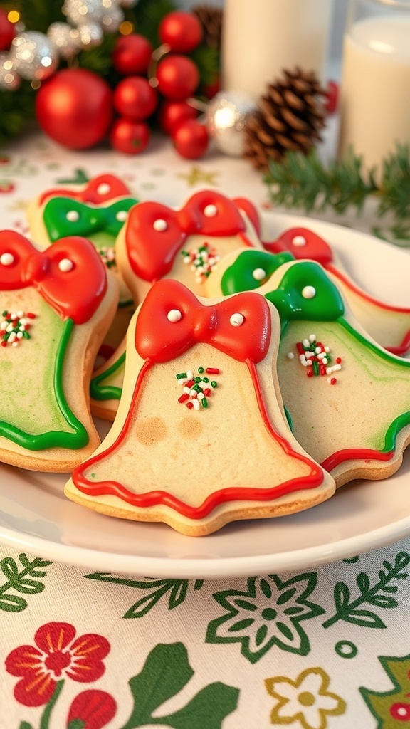 Festive Bell-Shaped Christmas Cookies Recipe Decorated bell-shaped Christmas cookies on a festive plate with holiday decorations.